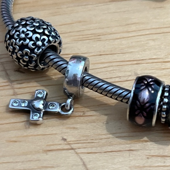 PANDORA VINTAGE SIGNED CHARM BRACELET, hinged beads, heart charm, MURANO glass - Picture 3 of 8